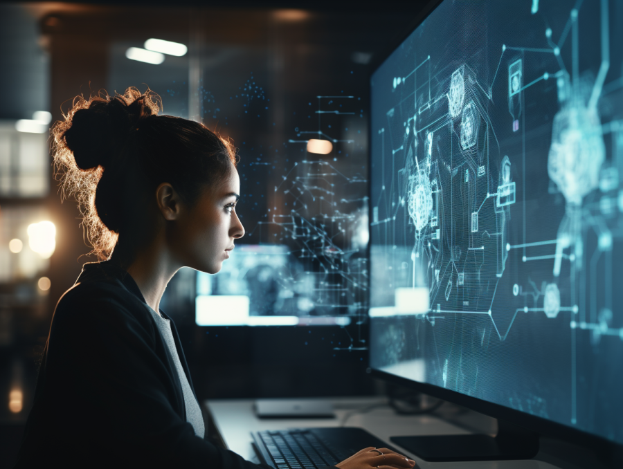 Woman working on a technical problem at a computer.